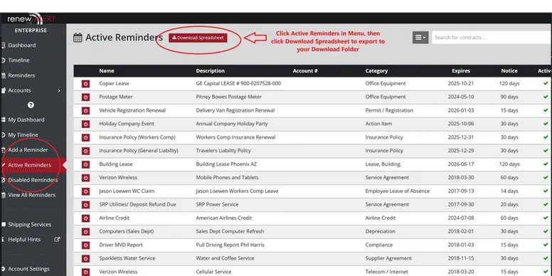 RenewAlert Screenshot Export Database Screenshot of RenewAlert showing the export to Excel feature for downloading reminders and tasks