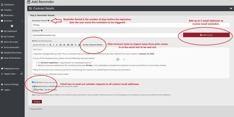 RenewAlert Email Screen View Screenshot of customizable email reminder field in RenewAlert for setting recipients, schedule, and message content