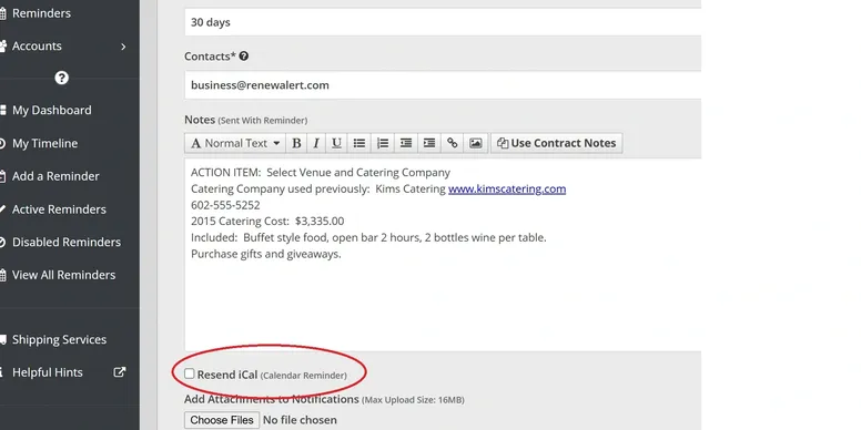 RenewAlert Calendar Reminder Screenshot of a RenewAlert email reminder showing the option to add the event to recipients' calendars