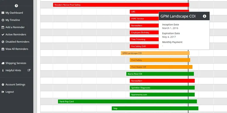 RenewAlert Timeline Screenshot of RenewAlert’s color-coded timeline for tracking reminders and compliance tasks