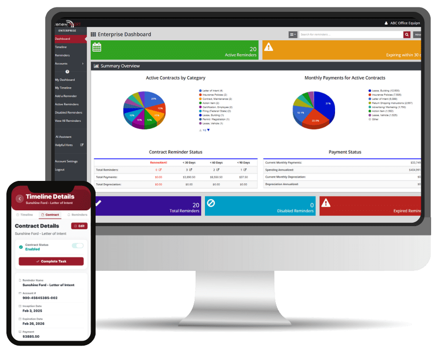 Lease management software dashboard shown on a computer monitor and mobile device using RenewAlert
