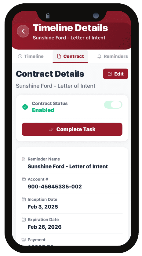 Lease management software mobile dashboard showing LOI dates and lease details in RenewAlert