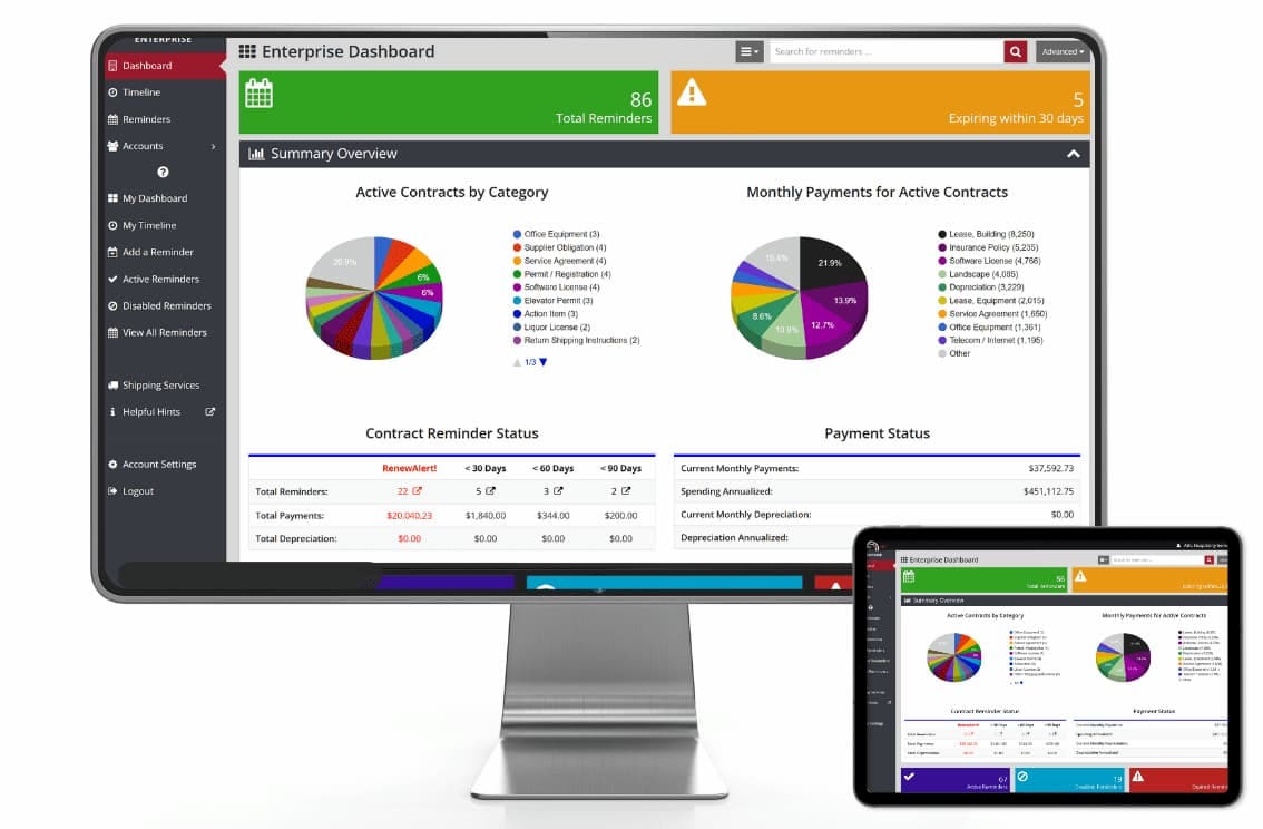 RenewAlert franchise compliance management software enterprise dashboard showing permit tracking, vendor contracts, and compliance deadlines on desktop and tablet