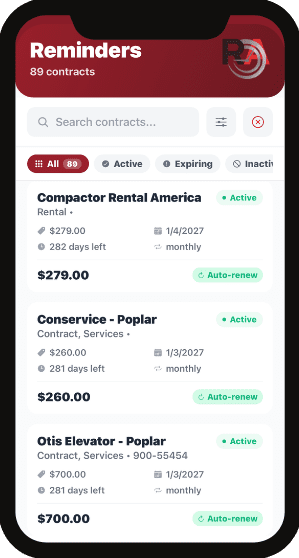 Here you go: Alt text: RenewAlert multifamily vendor management app showing active vendor contracts with auto-renew tracking and expiration dates on mobile