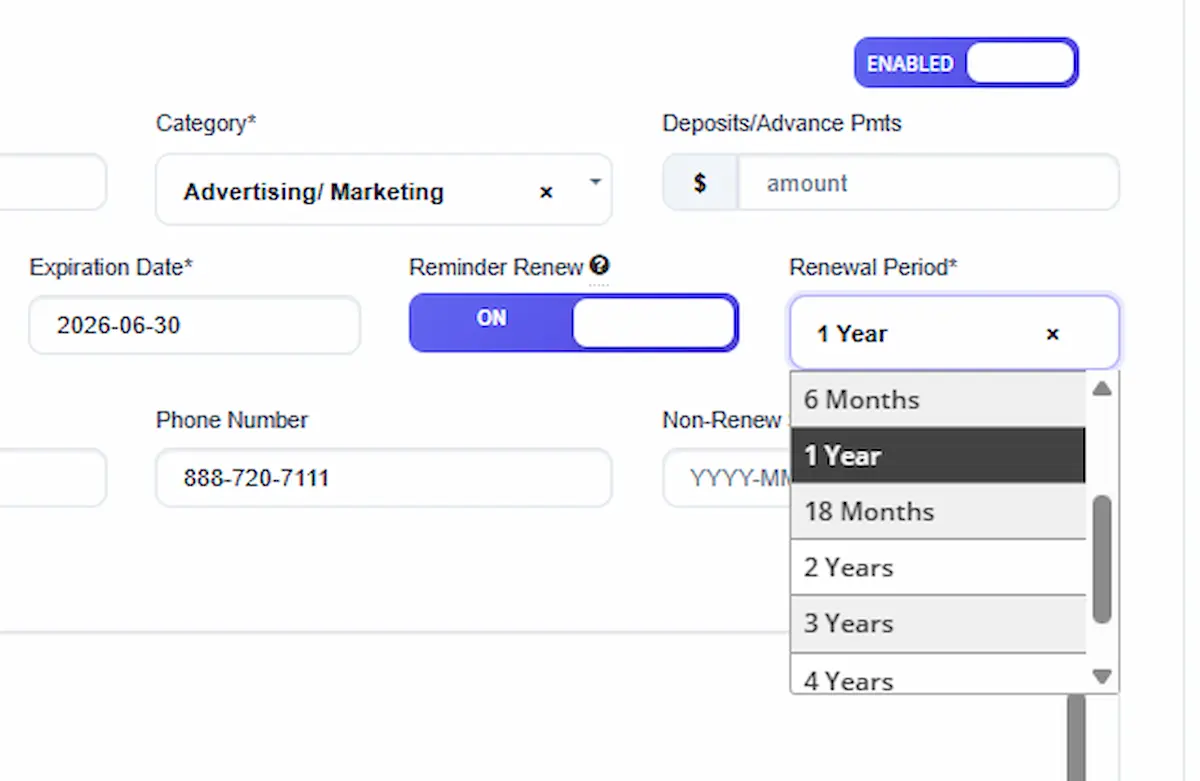 RenewAlert multifamily vendor management software reminder renew setting showing auto-reset toggle and renewal period options for apartment vendor contract tracking
