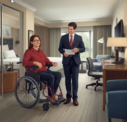 Hotel guest in wheelchair with staff member in accessible hotel room representing ADA compliance tracking with RenewAlert