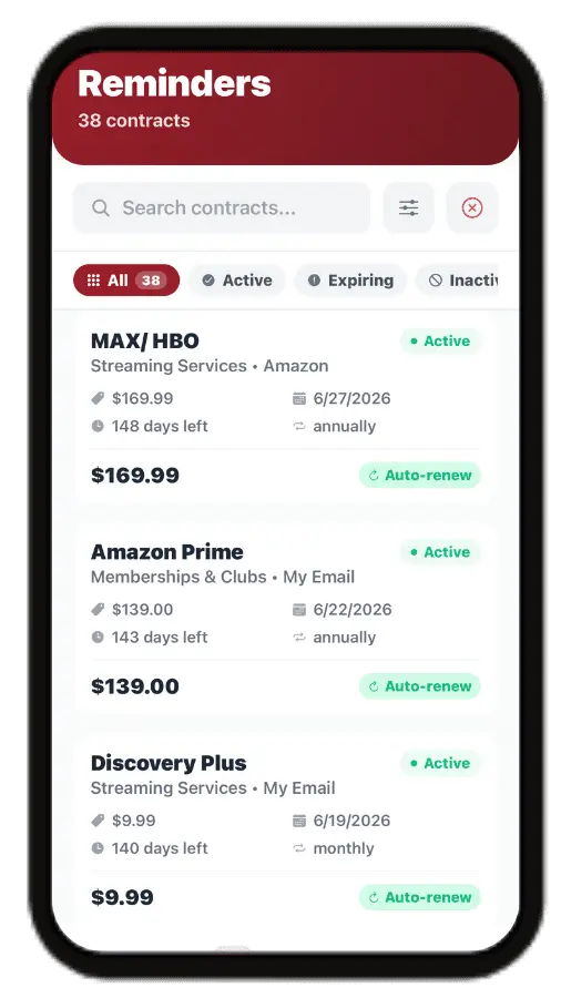 RenewAlert household management app on iPhone displaying active family subscriptions and renewal reminders