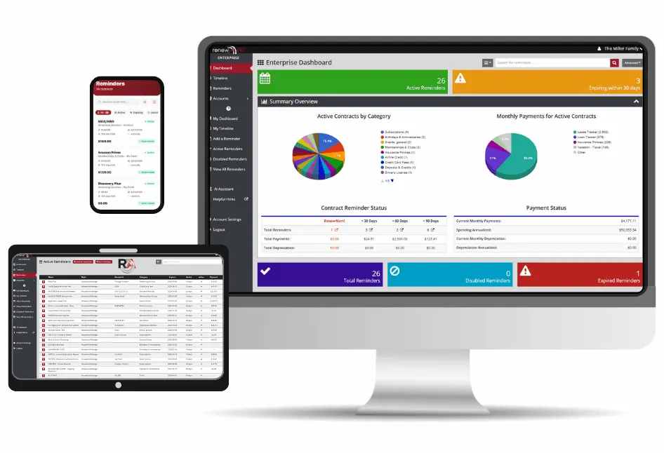 Family subscription tracker and renewal reminder dashboard shown on desktop monitor, tablet, and smartphone in RenewAlert