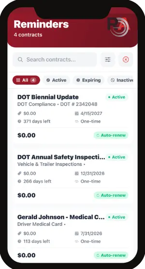 RenewAlert DOT compliance software mobile app showing fleet compliance tracking dashboard on a smartphone
