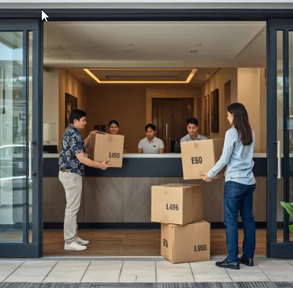 Hotel management takeover transition with boxes at front desk representing compliance onboarding tracked with RenewAlert